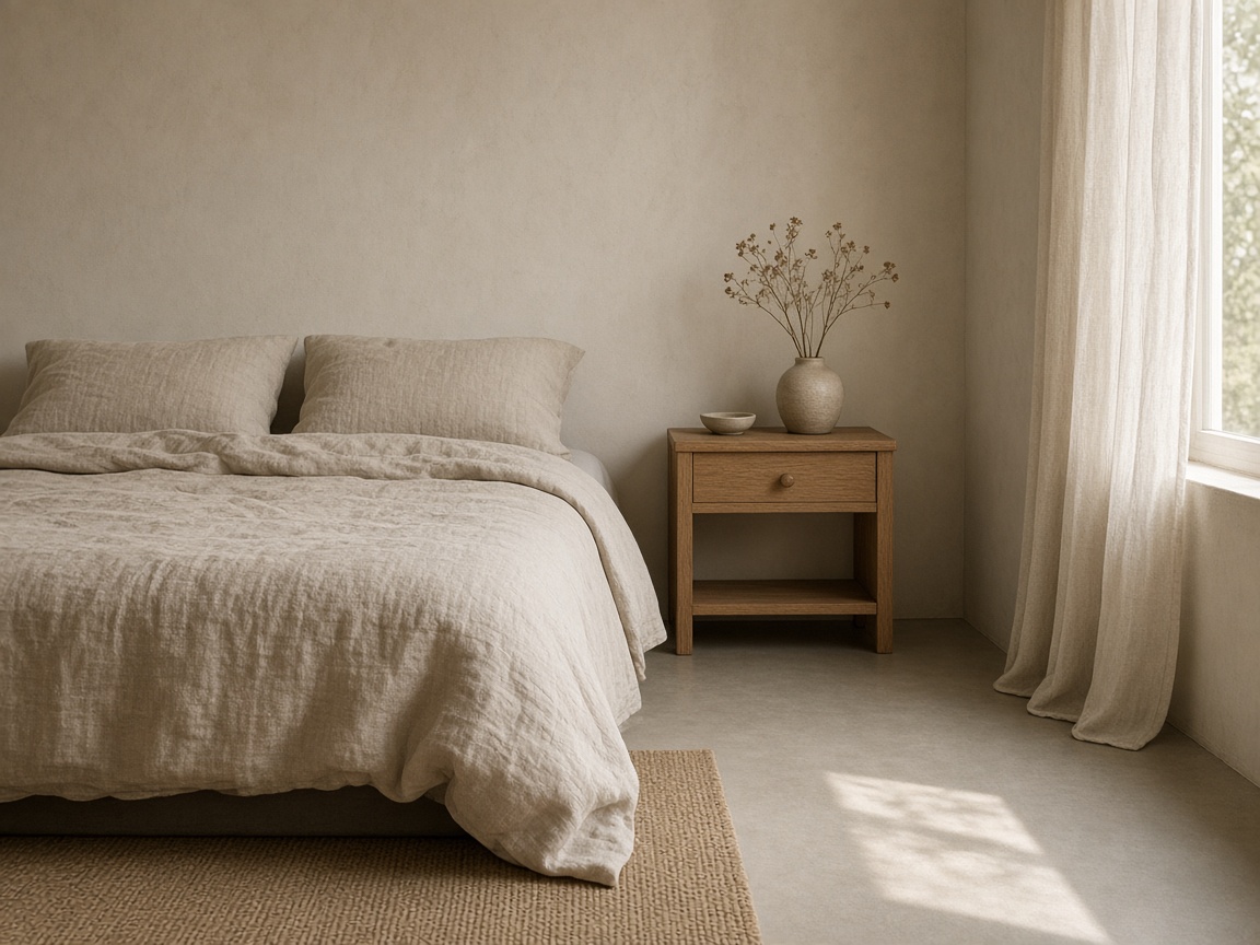Beige linen bed, oak nightstand, ceramic vase, sisal rug, and a long curtain