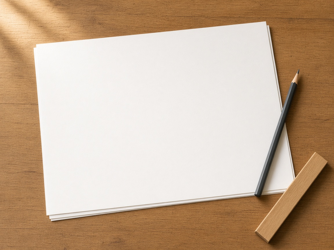 A stack of blank white sheets on a wood desk, with a black pencil and a small oak strip in a band of sunlight