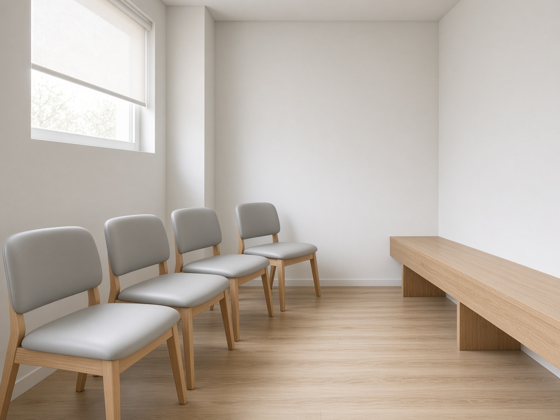 Four oak chairs with pale grey seats and a long oak bench in a white waiting room with a blinded window