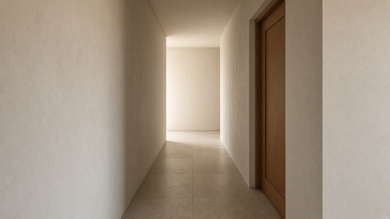 Narrow warm-plaster corridor with limestone tiles and one oak door