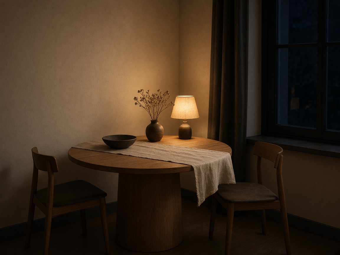Round oak pedestal table at night, linen runner, dark bowl, vase of dried stems, and a lit lamp with a paper shade