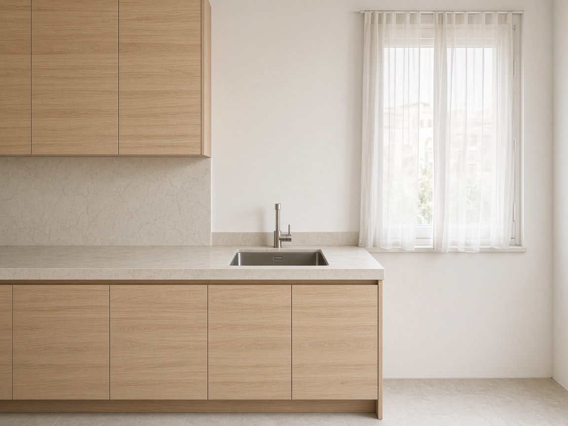 Oak kitchen cabinets, stone worktop, stainless sink, and a sheer curtain at the window