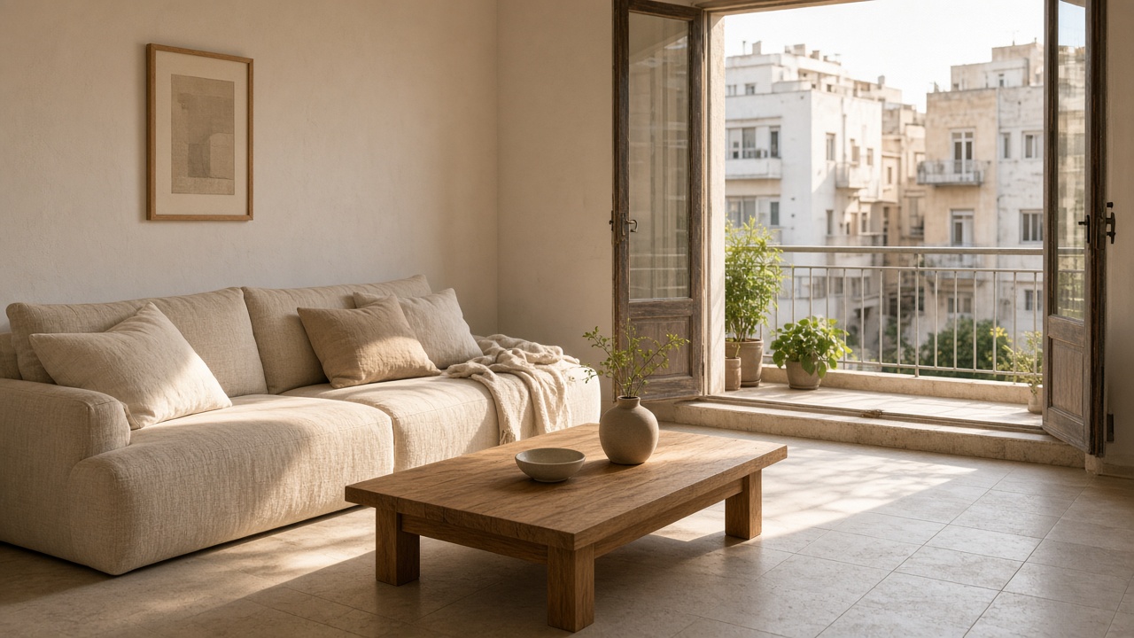 Linen sofa and oak table in a pale living room, with tall balcony doors open toward white apartment buildings. The frame is cropped toward the doors.