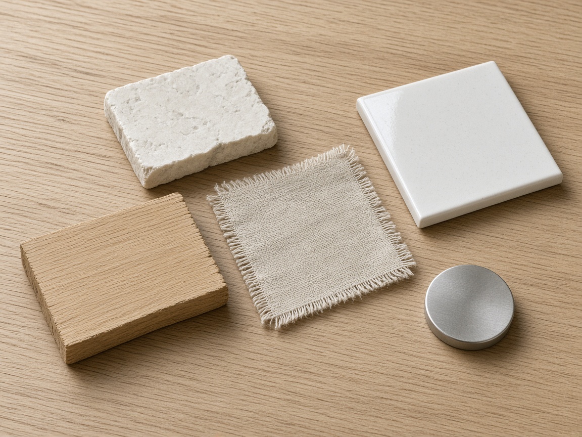 Five material samples on oak: rough pale stone, light oak, frayed linen, a glossy ceramic tile, and a brushed steel disc