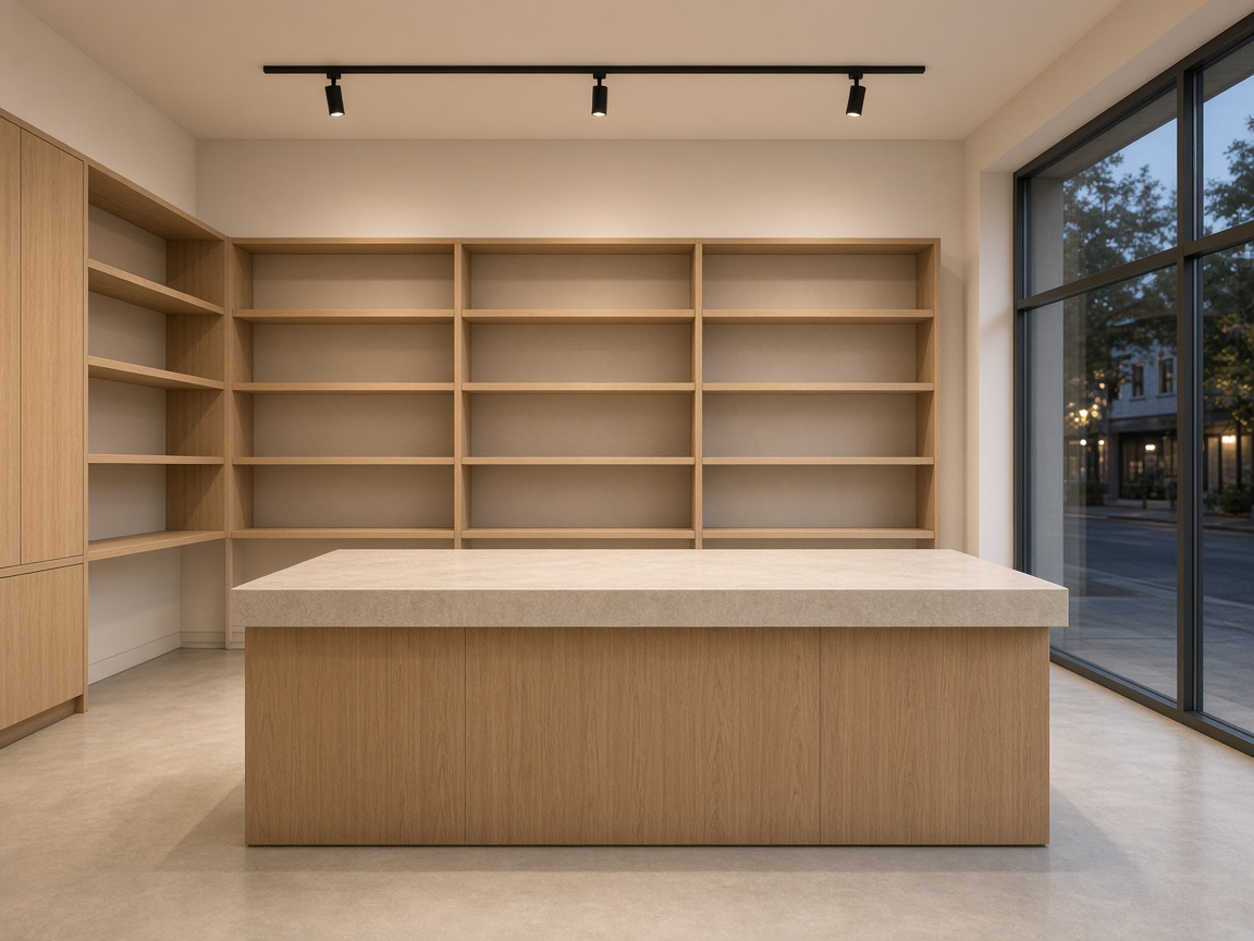 Oak shop island with a pale stone top, empty oak shelves, a black track of three spotlights, and a street window at dusk