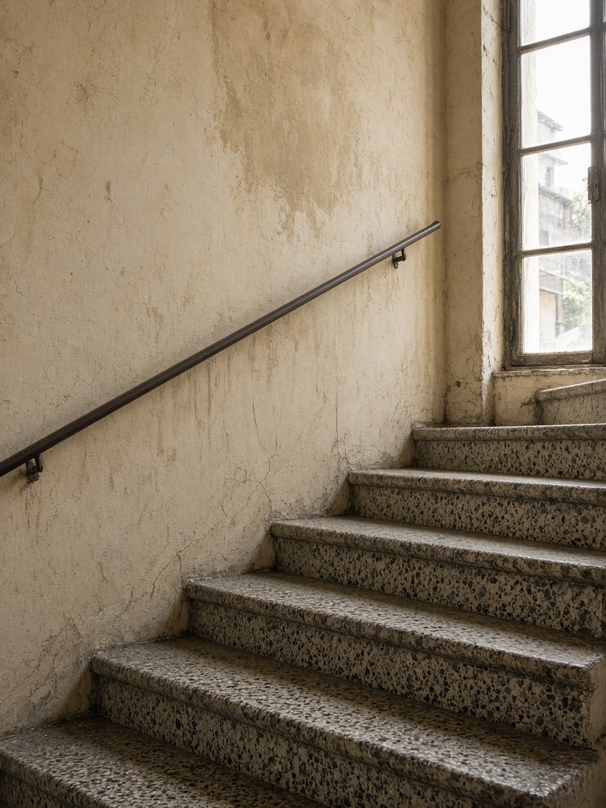 Terrazzo stair with a steel rail against cracked plaster and a steel-framed window